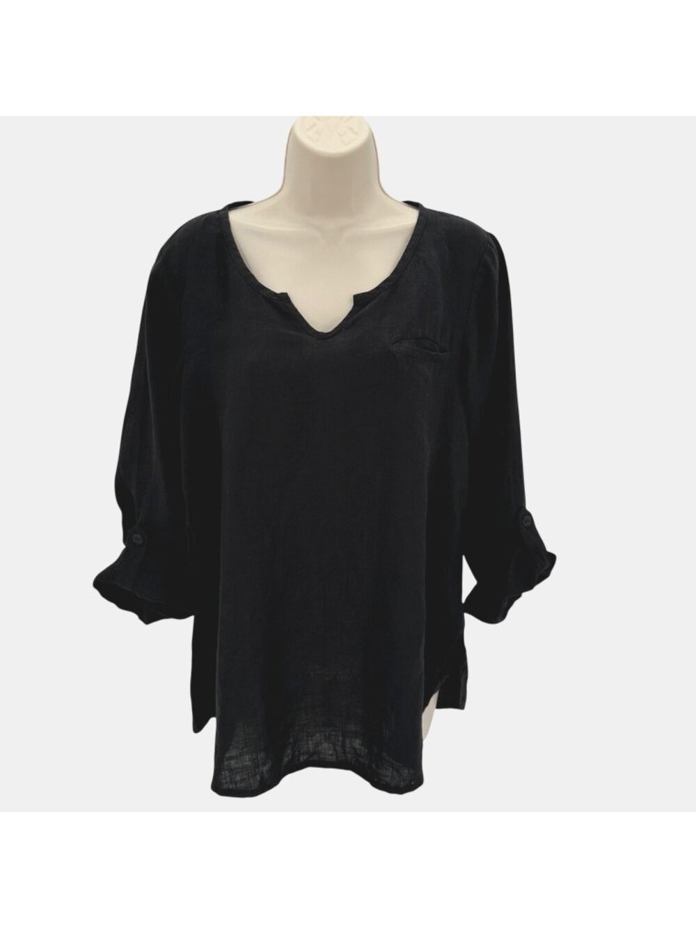 NWOT FLAX Womens Black Linen Relaxed Fit Roll-Tab Sleeves Notched Neck Blouse P